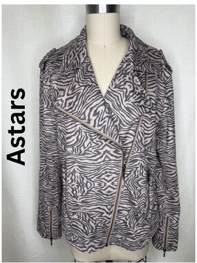 Astars Zebra Print Moto Jacket Size L Taupe Gray Zip Stretch Lightweight